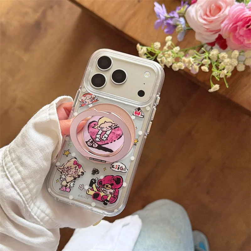

360°Bubble Mart Print Clear Phone Case With Matching Stand For iPhone 15 16 17 Pro Max shockproof protective Cover funda iphone