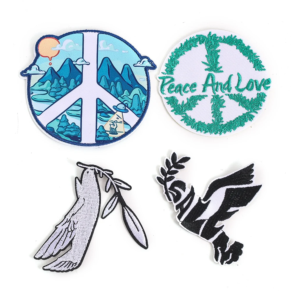 4PCS Peace and love Fabric Patches Mountains rivers doves olive branches slogans Embroidery DIY Handmade Apparel Sewing Supplies