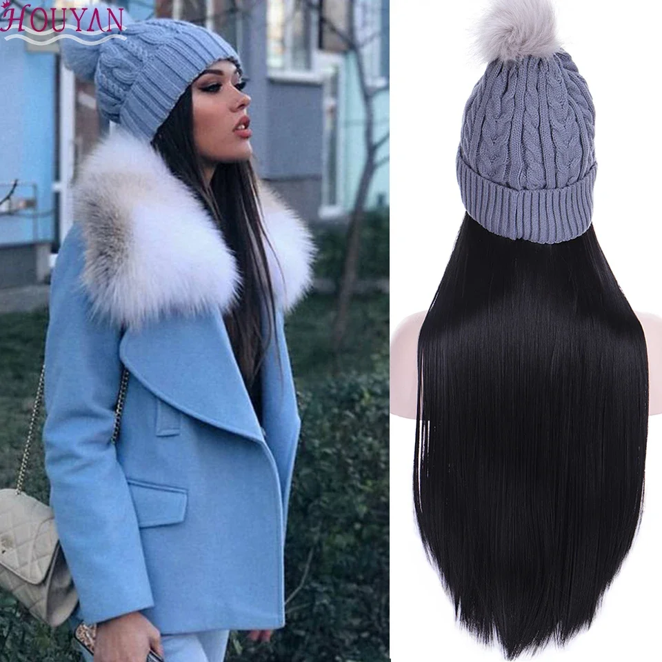 Hot Sell Wig Hat!! 18Style Long Straight Hair Synthetic Wig Female Gold Black All-in-One Hat Plus Velvet Cotton Winter Hat Wig