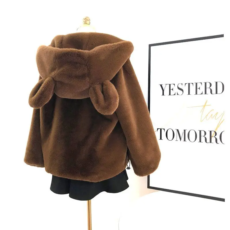 Women's New Autumn Winter Hooded Coat Bear Ears Top Clothing Long Sleeve Loose Zip Up Fleece Jacket Cozy Chic Fashion Outerwear
