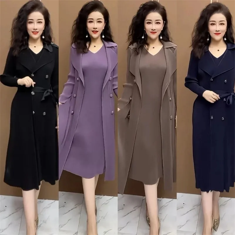 Spring Autumn Fashion Slim Pleated Suit Collar Fake Two Piece Windbreaker Coat Comfortable Waist Shrinking Elastic Dress Belt