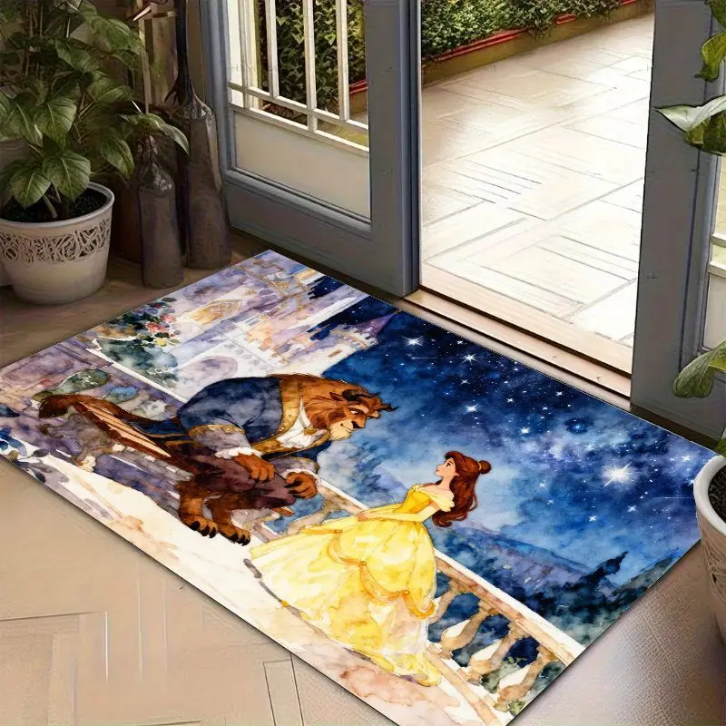 1PC Disney Beauty and the Beast Belle & Beast Romantic Castle Starry Night Watercolor Art Non-Slip Floor Mat, Washable Princess