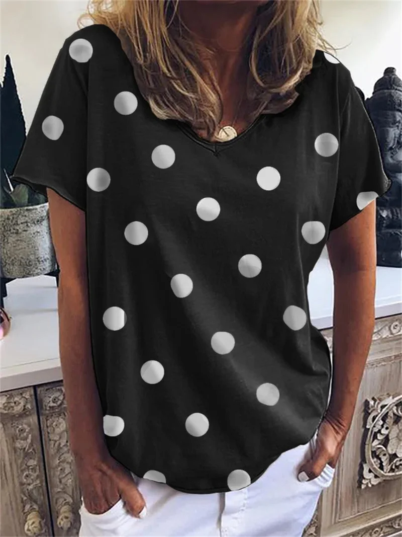 

Summer New Polka Dots Print Loose T-Shirt Women's V Neck Short Sleeve Tees Female 2023 Fashion Daily Casual Versatile Basic Tops