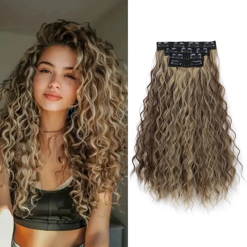

16Inch Synthetic Long Curly Wave Clip-in Hair Extension for Women 4pcs Set Thick Fulffy Hairpieces Daily wear