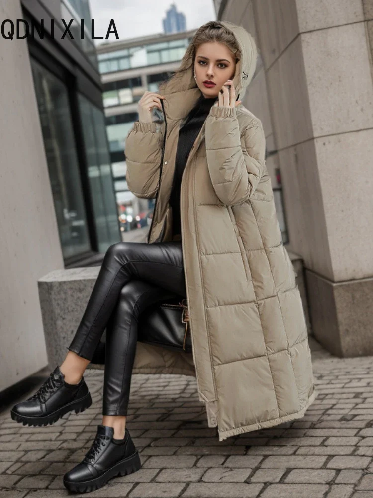 Jaqueta de inverno feminina engrossado longo sobre o joelho casacos elegantes com capuz novo outerwear roupas femininas preto quente parkas