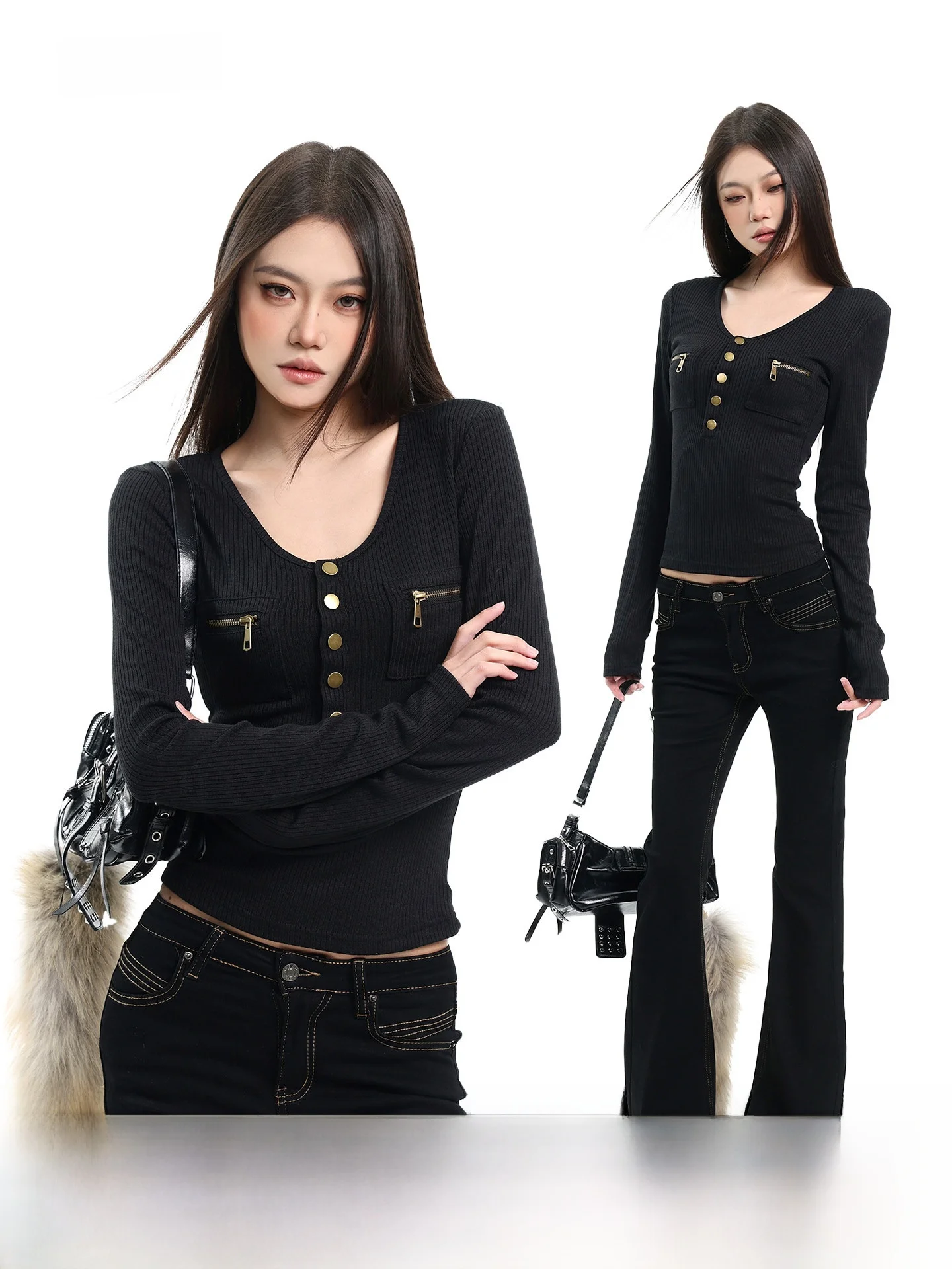 

CCUP SPACE American Retro Long Sve Zipper ket Slim Fit Women's T-irt Casual Sle Knitted Top for Spring Season