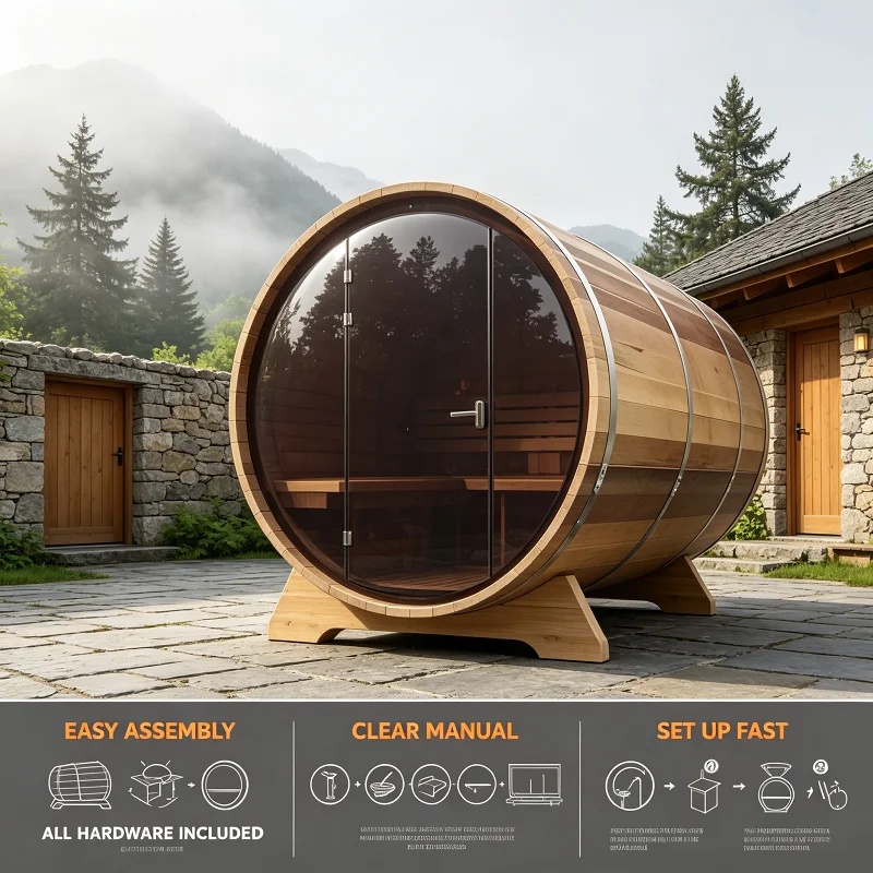 Barrel Sauna, A‑grade Red Cedar 4‑6 Person Large Curved View Glass Outdoor Spa Cabin for Garden Residential Therapy