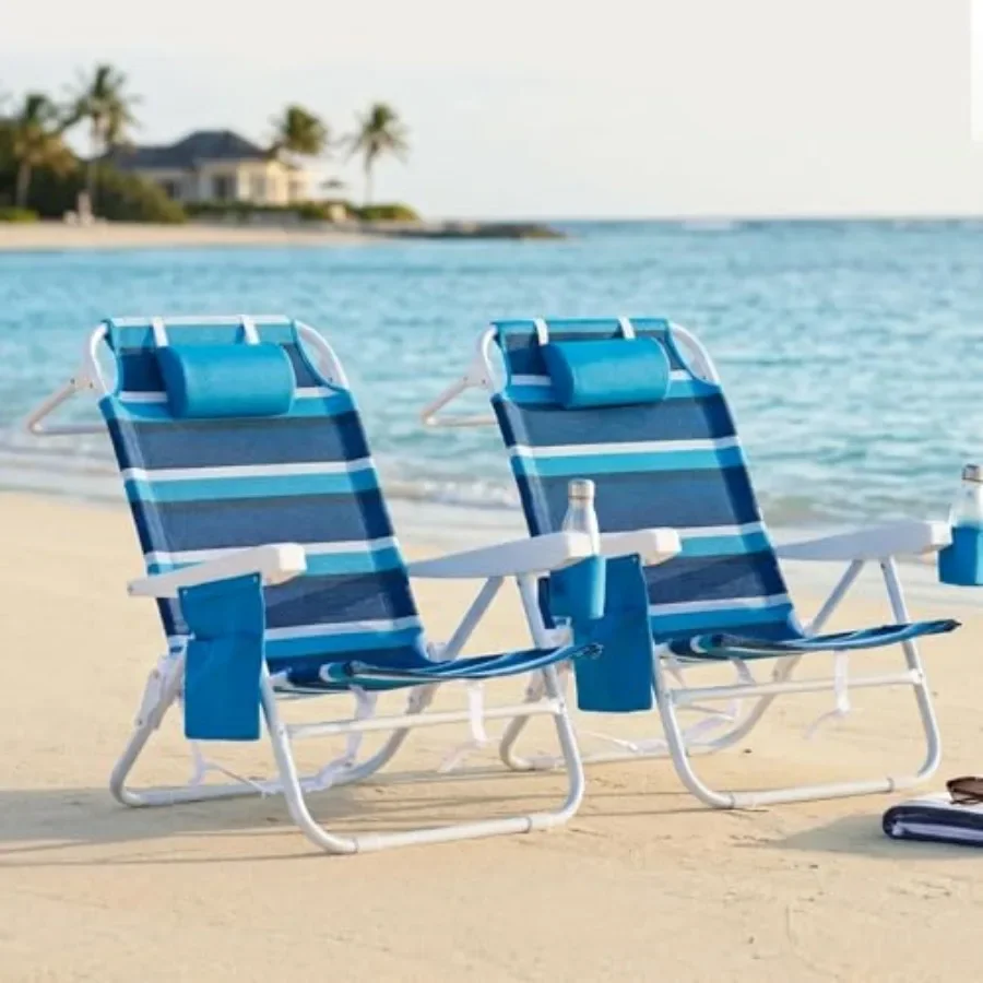 Beach Chair 2 Pack, Mesh Fabric, Blue And Gray, 5-Position Folding Reclining Design With Backpack Straps, Cooler Bag And Cup Ho