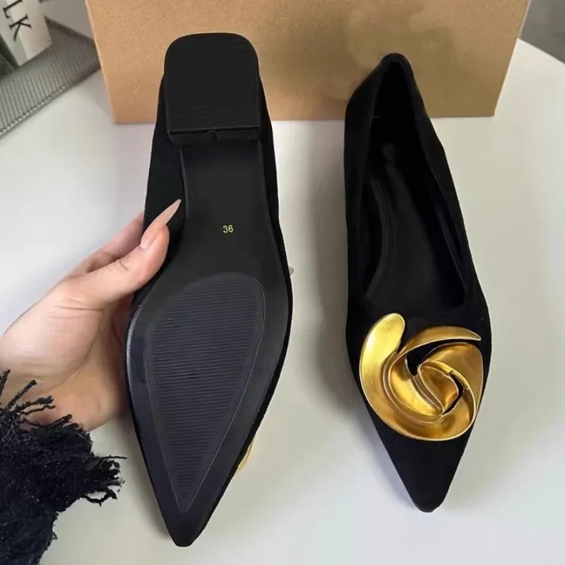 Pointed Toe Summer Women Flats Elegant Metal Flower 2025 Trend Black Luxury Female Dress Shoes Solid Work Office Footwear