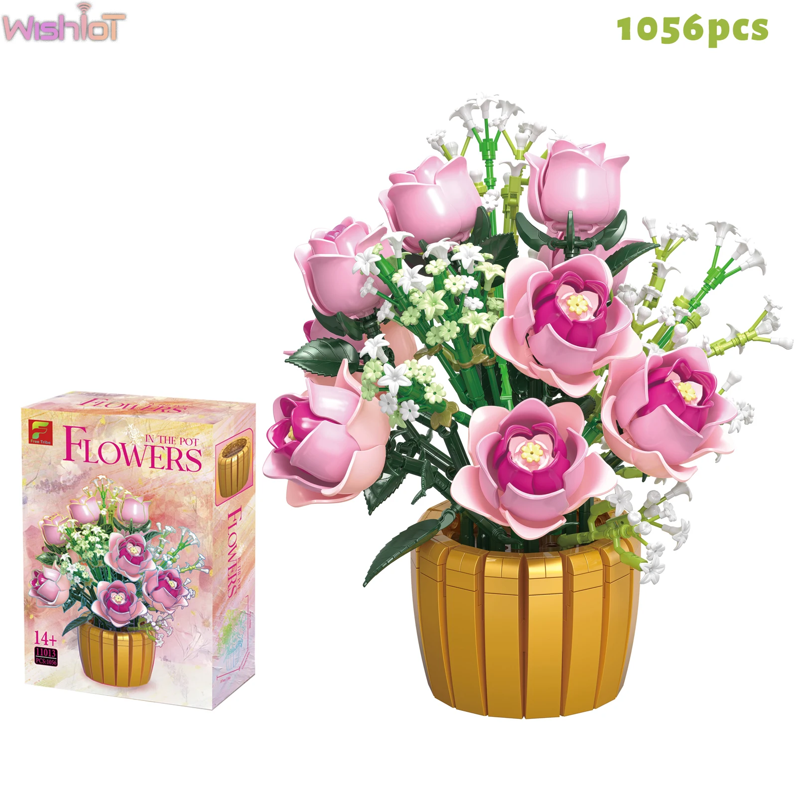 

1056 шт. романтические розовые розы, детское дыхание, строительные блоки, букет цветов, горшечные растения, красивый домашний декор, сборная игрушка, подарок для девочки