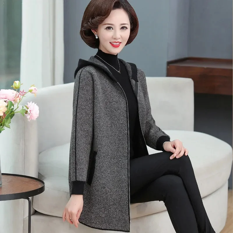 Women's Wool Jacket Two-Piece Sets Autumn Winter New Middle-Aged Thick Windbreaker Female Hooded Long Sleeve Wool Blend Cardigan