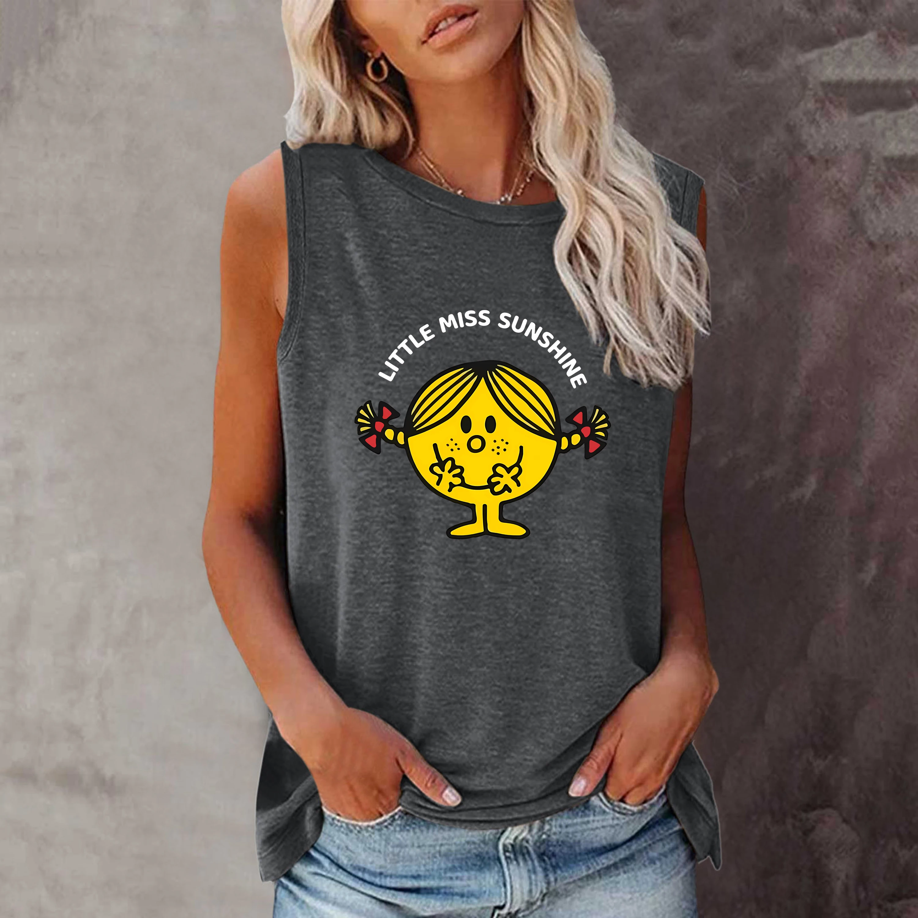 Smiling Face Solid Tank Top, Sleeveless Crew Neck Casual Top for Summer & Spring, Women's Clothing