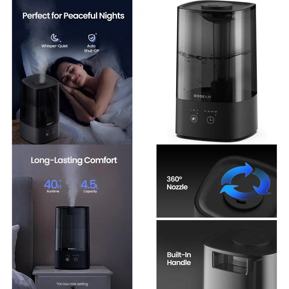 

Увлажнитель воздуха с холодным туманом для больших помещений, 4,5 л, с таймером, регулируемой подачей тумана, 360° ° Насадка с автоматическим отключением для дома и спальни, идеально подходит для малышей