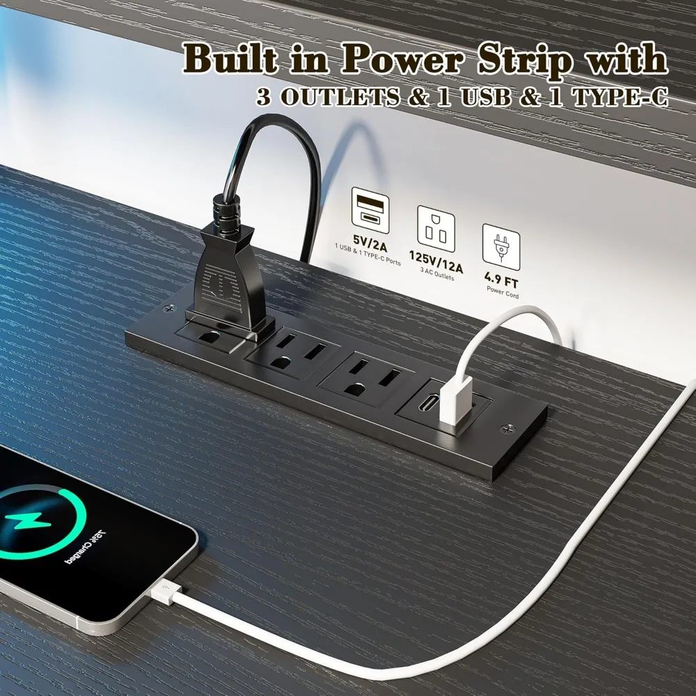 Mesa de computador de 44 polegadas com gaiola e gavetas, mesa de jogos reversível com prateleira para monitor, mesas de escritório doméstico com tomada USB