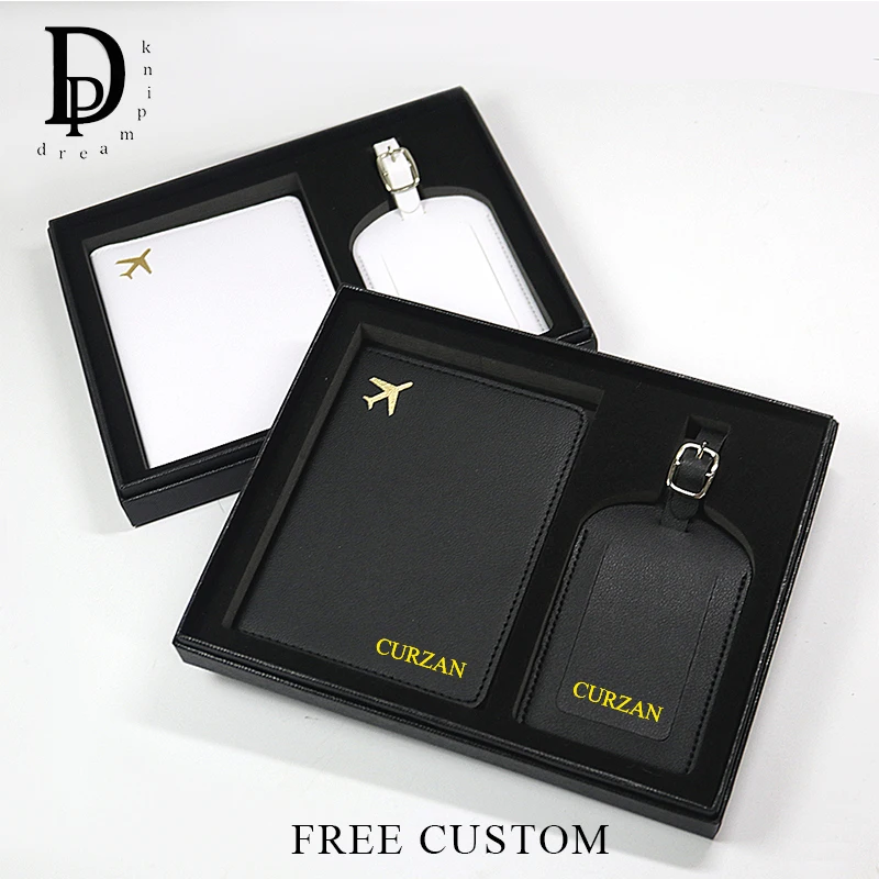 

Passport Cover And Luggage Tag Set With Box Custom Name Luxury Gold Airplane Passport Holder Suitcase Label With Gift Package