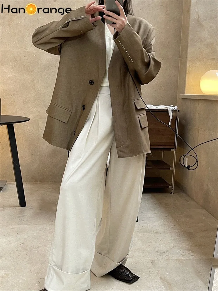 HanOrange 2024 Spring Retro Contrast Neckline Suit Jacket Women Loose Casual Blazer Female Green/Brown Coffee