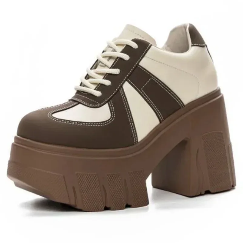 

Fujin 4-дюймовая повседневная модная обувь для повседневного ношения. Женские туфли на платформе и массивном каблуке 11 см. Высокий каблук в стиле ретро с цветными блоками и круглым носком.