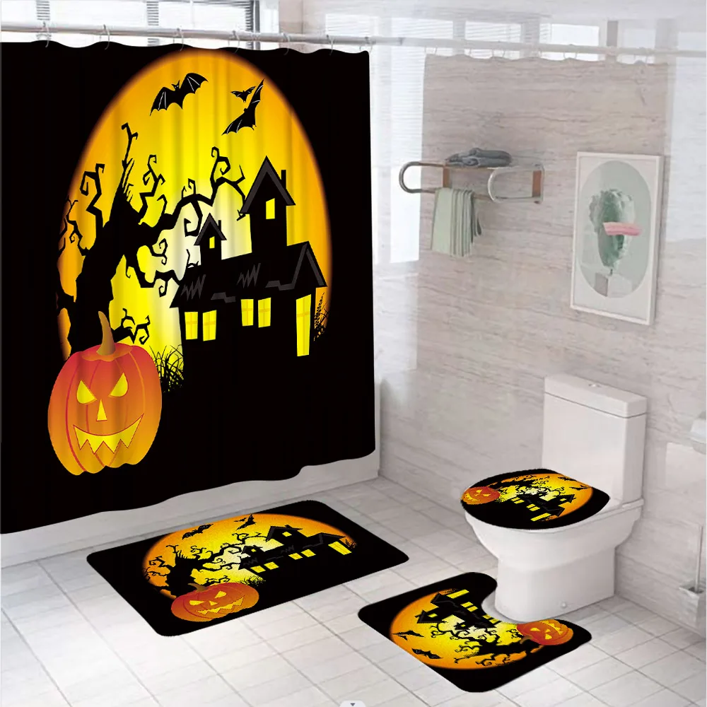 4Pcs Halloween Cemetery Shower Curtain Set Toilet Lid Cover Bath Mat Scary Night Pumpkin Lantern Castle Bathroom Decor Curtains