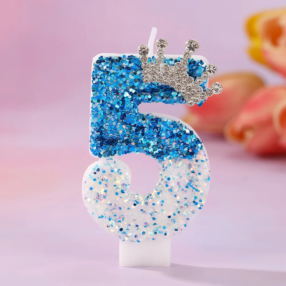 Gradual change blue crown digital candle princess prince birthday cake decoration creative candle party layout props