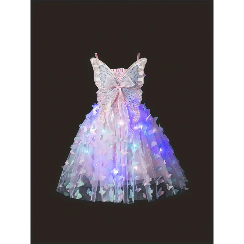 

Girl's Butterfly Straps Tulle Princess Dress Colored Lights Light-Emitting Tutu