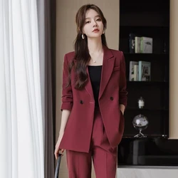 Red Suit Set Women's Spring Autumn 2024 New Professional Leisure Wide Leg Pants Formal Jacket Elegant Quality