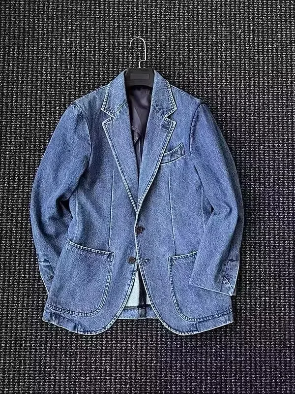 

New 2025 Men's Casual Vintage Italian Sle Heavy Waed Denim Suit Jaet Simple Design Busin Casual Long Sve Coat