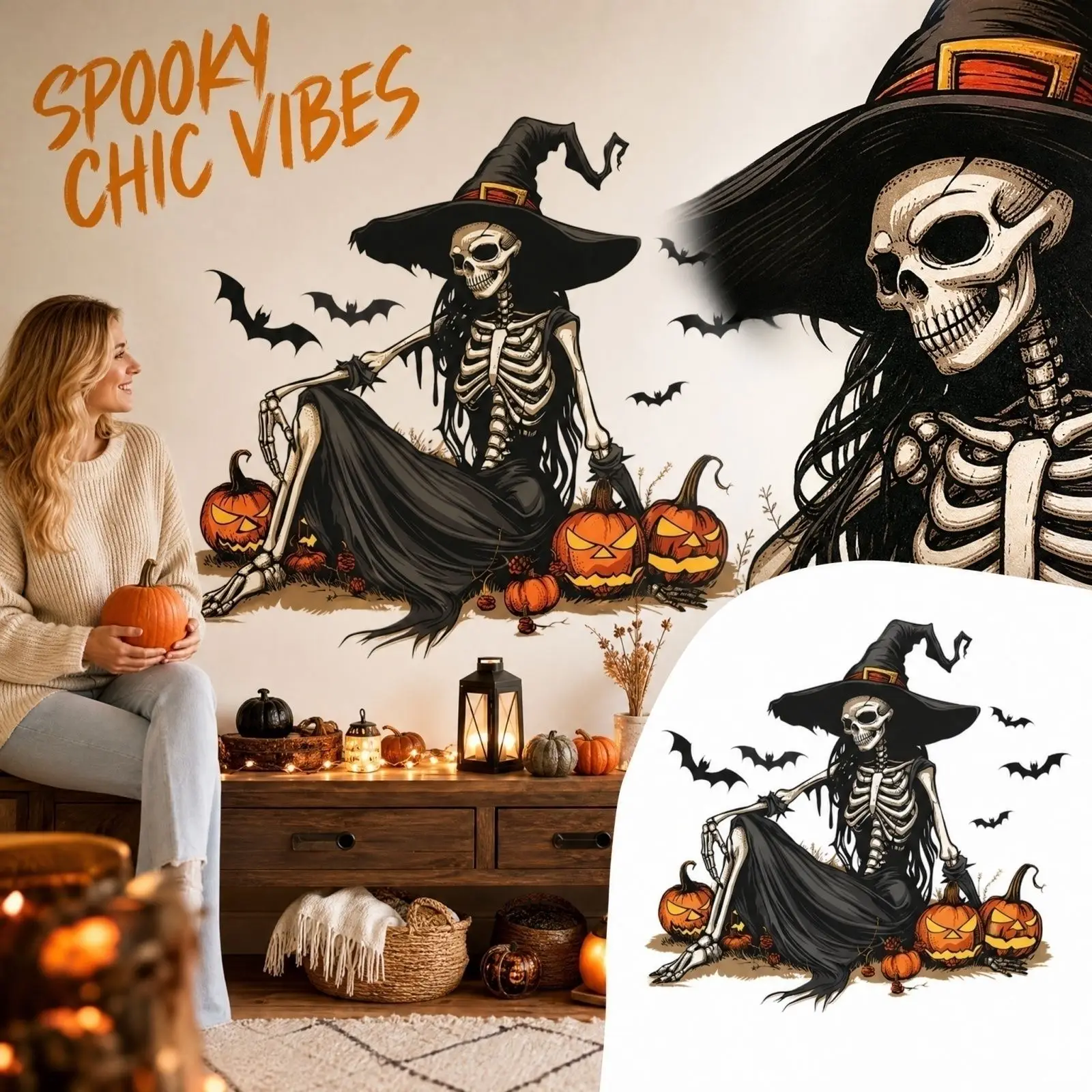  Halloween Wall Stickers Witch, Skeleton, Pumpkin, and Bat Wall Decals for Living Room and Entryway Background Decoration