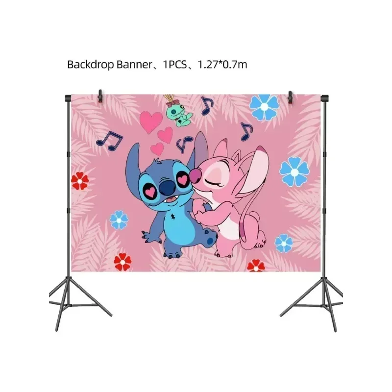 Disney pink cartoon Stitch themed children\'s birthday party disposable tableware flag balloons