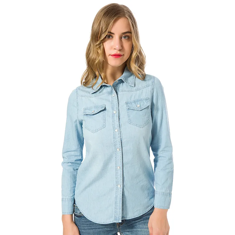 Autumn 2024 Denim Shirts & Blouses Women Long Sleeve Top Sky Blue Color Single Buttons Elegant Korean Tops Shirts With Pockets