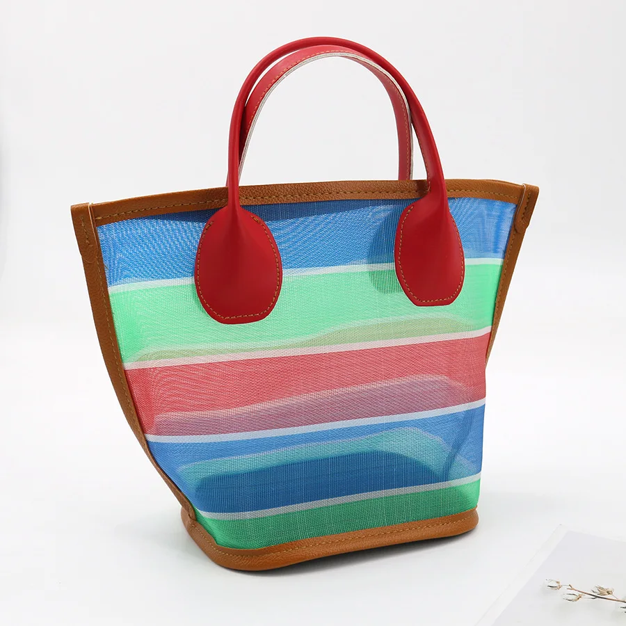 Casual Striped Mesh Women Handbags Small Tote Bag Vintage Summer Beach Bags Mini Lady Hand Bag Female Purses 2024