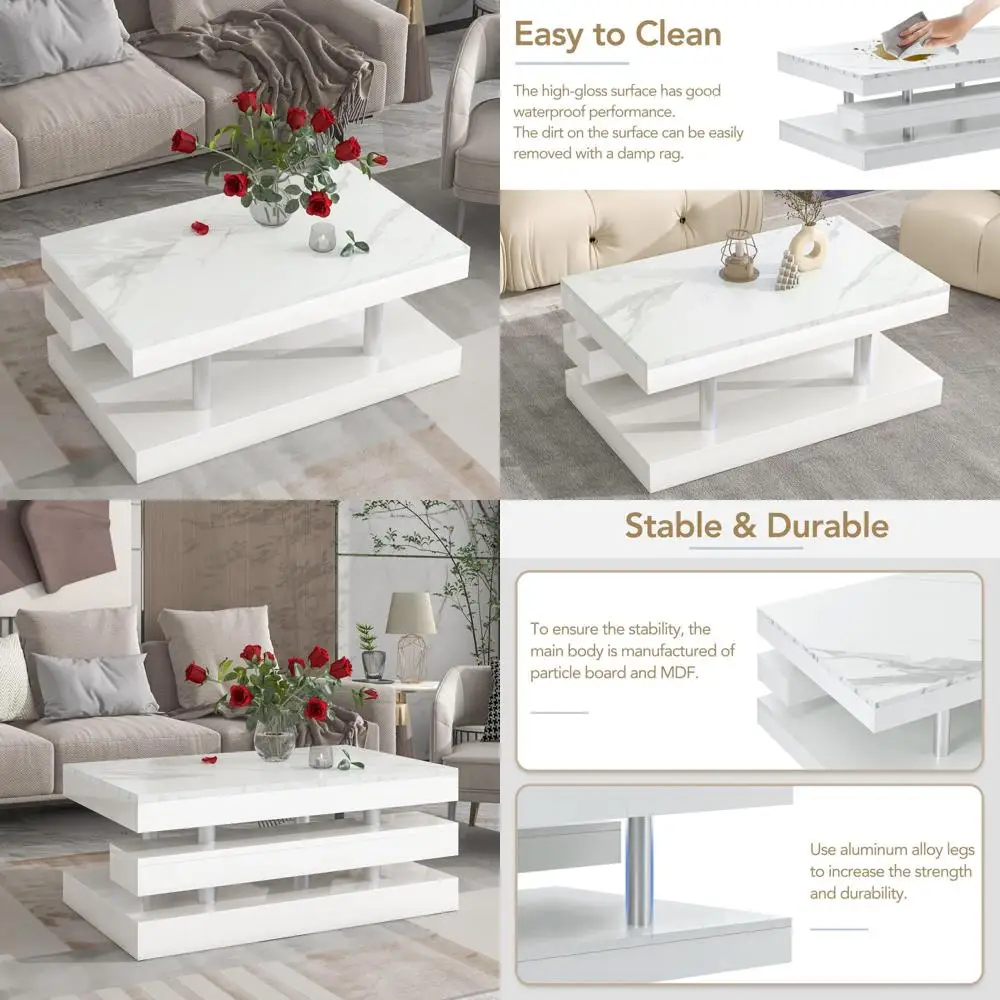 Modern Minimalist Rectangle 2-Tier Coffee Table with High-Gloss UV Surface for Living Room