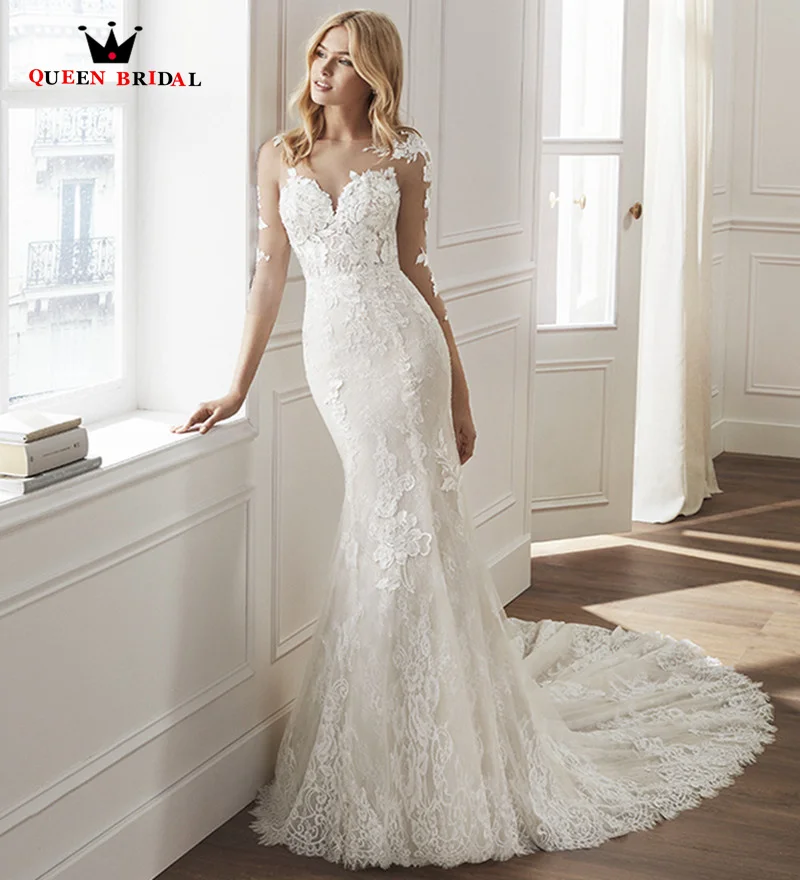 Vestido De Novia largo hasta el suelo De sirena, traje De Novia con apliques De encaje De tul De tres cuartos, ilusión elegante, cuello en V, XC04