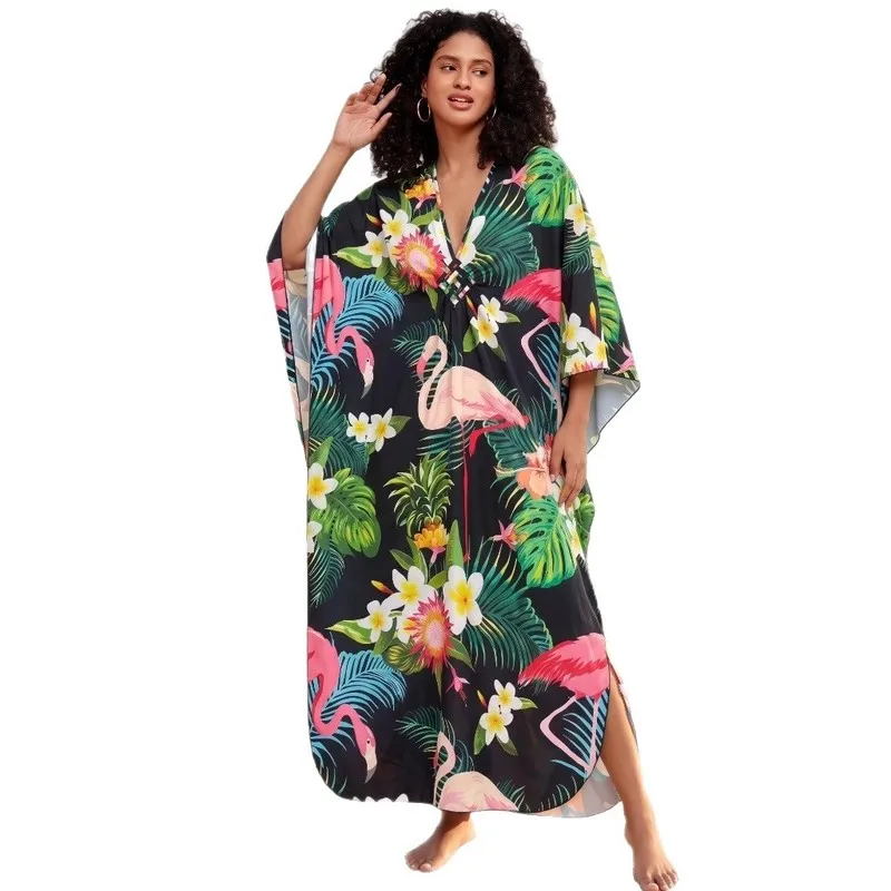 Quick Dry Ladies Flamingo Pattern Beach Cover Up Loose Fit Plus Size Kaftan Breathable Woven Front Design Sun Protective Blouse