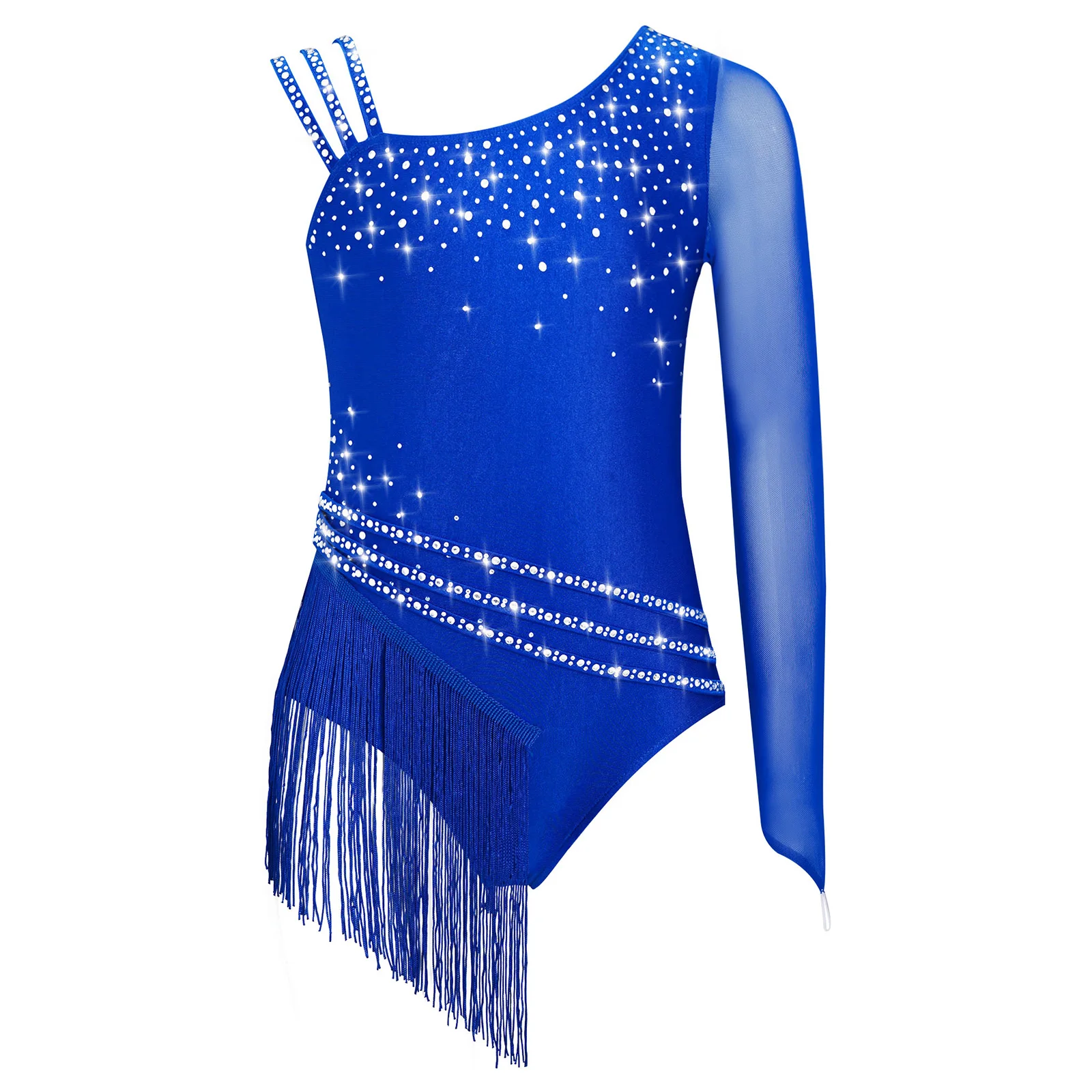 Maillot de Danza Asimétrico con Flecos y Pedrería para Niñas, Traje de Gimnasia Rítmica y Patinaje Artístico con Borlas