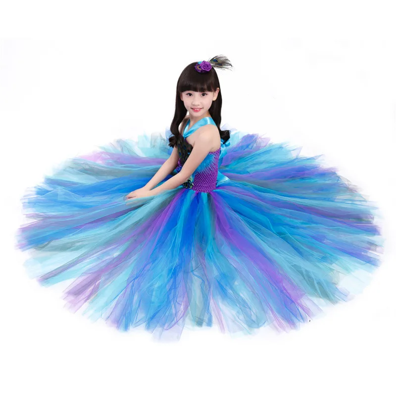 Fancy Peacock Feather Girl Pageant Tutu Dress With Headband Children Kids Birthday Party Wedding Ball Gowns Trailing Tulle Dress