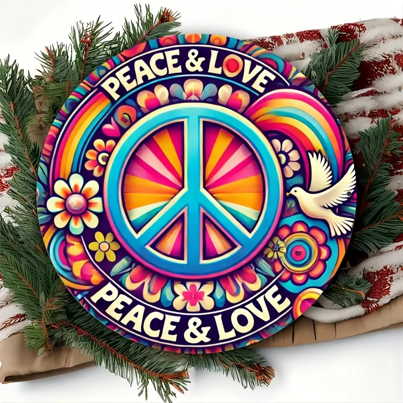 2D Flat, 1pc 2D Print Metal Aluminum Sign Room Decor 1pc Vintage-Style Peace & Love Sign, Rustic Circular Wall Decor, High-Defin