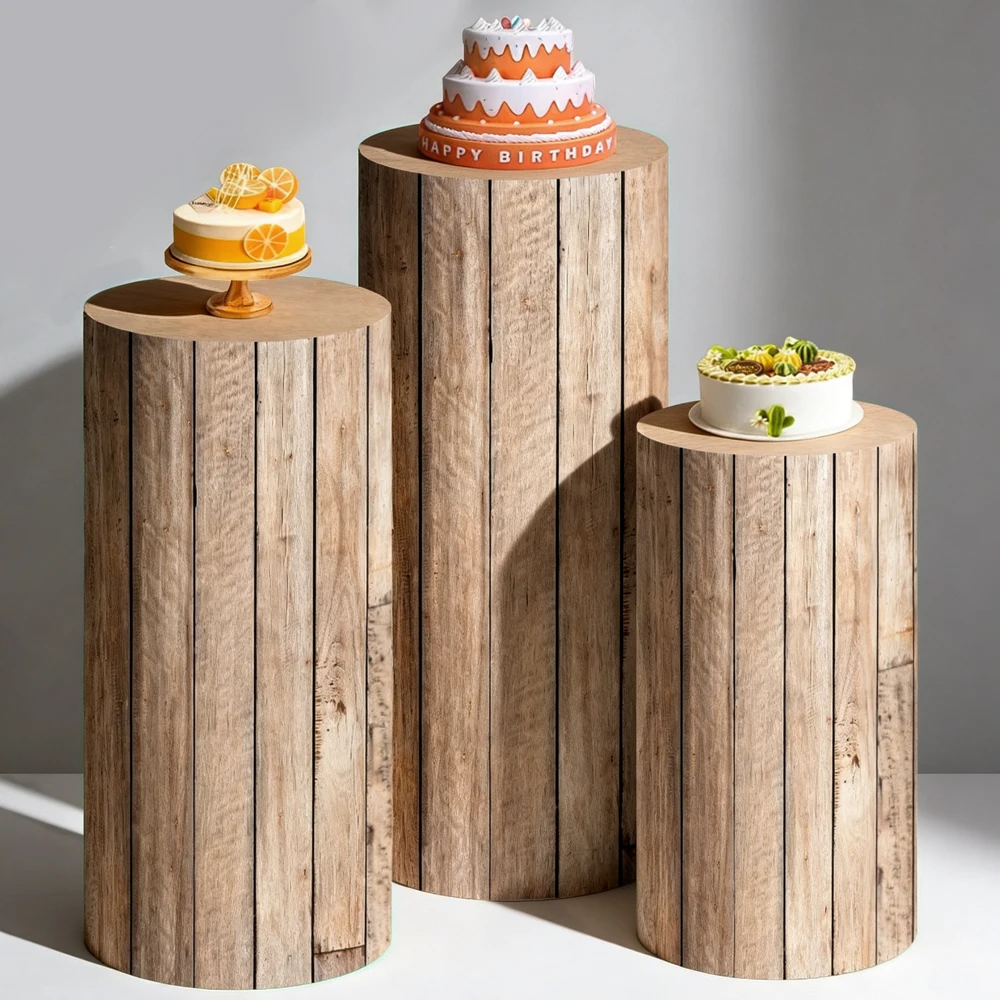 

Rustic Wood Cylinder Pedestal Cover Set Wedding Backdrop Bachelorette Party Decor Baby Shower Birthday Cake Dessert Display