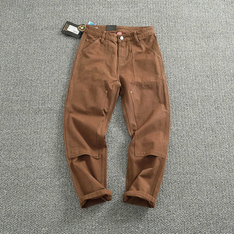 Heavy Cotton High-end Vintage Overalls Men's Bead Canvas Grain Patch Fabric Splicing Logging Motorcycle Casual Pants Trend