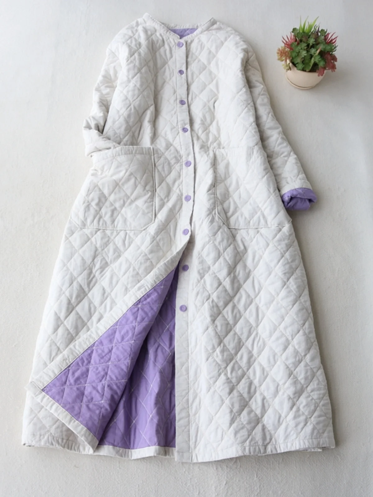 

plus Size Autumn Winter Cotton Jaet Quilted Long Loose Artistic Sle Women's Casual Warm Coat Diamond Patterned Outerwear