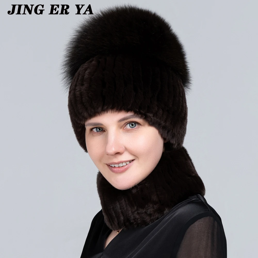 JINGERYA Hot Sale Winter Women Luxury Real Fox Fur Hat Scarf Sets Lady Natural Rex Rabbit Fur Hats Knitted Fox Fur Cap Scarves