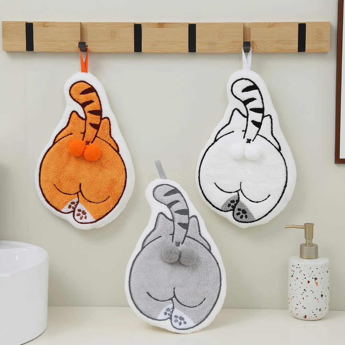 Cute Cat Back Hanging Hand Towel Premium Soft Absorbent Non Slip Towel for Kitchen Bathroom Household Use