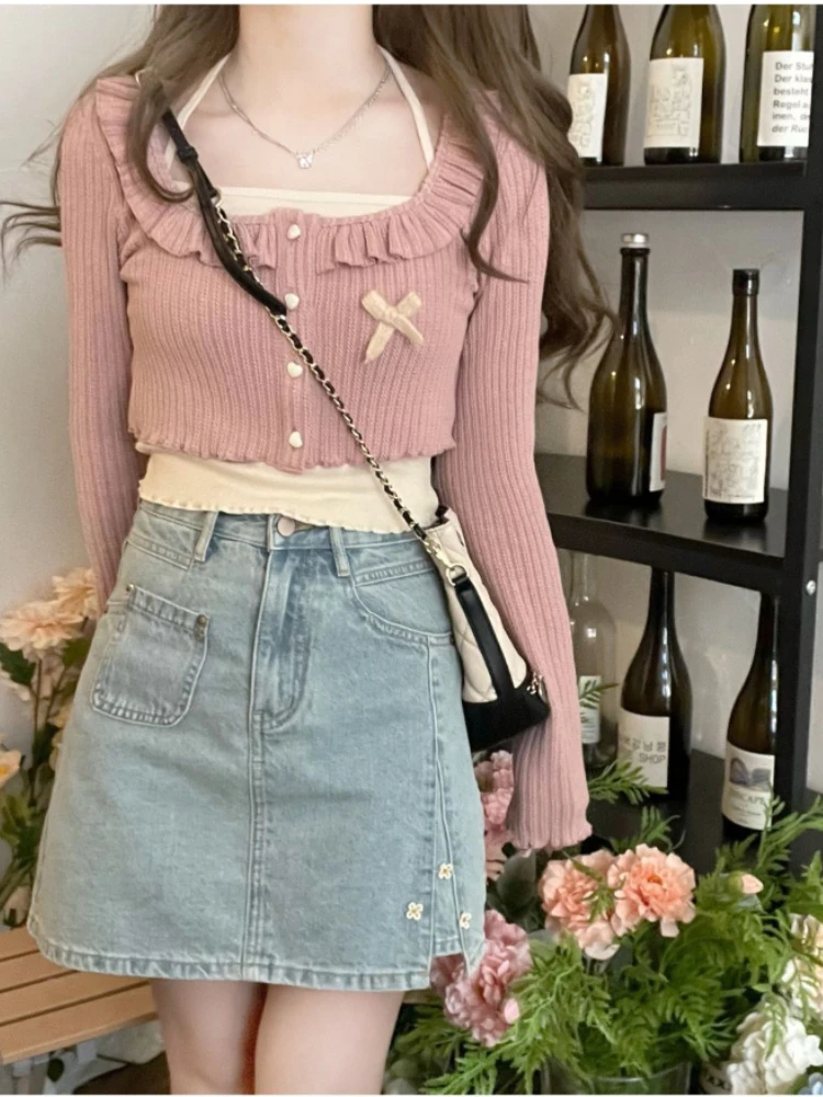 White Japanese Kawaii Lolita Print Cardigan Female Pink Bow Korean Fashion Tops Women Slim Casual Sweet Cute Two-piece Set 2023