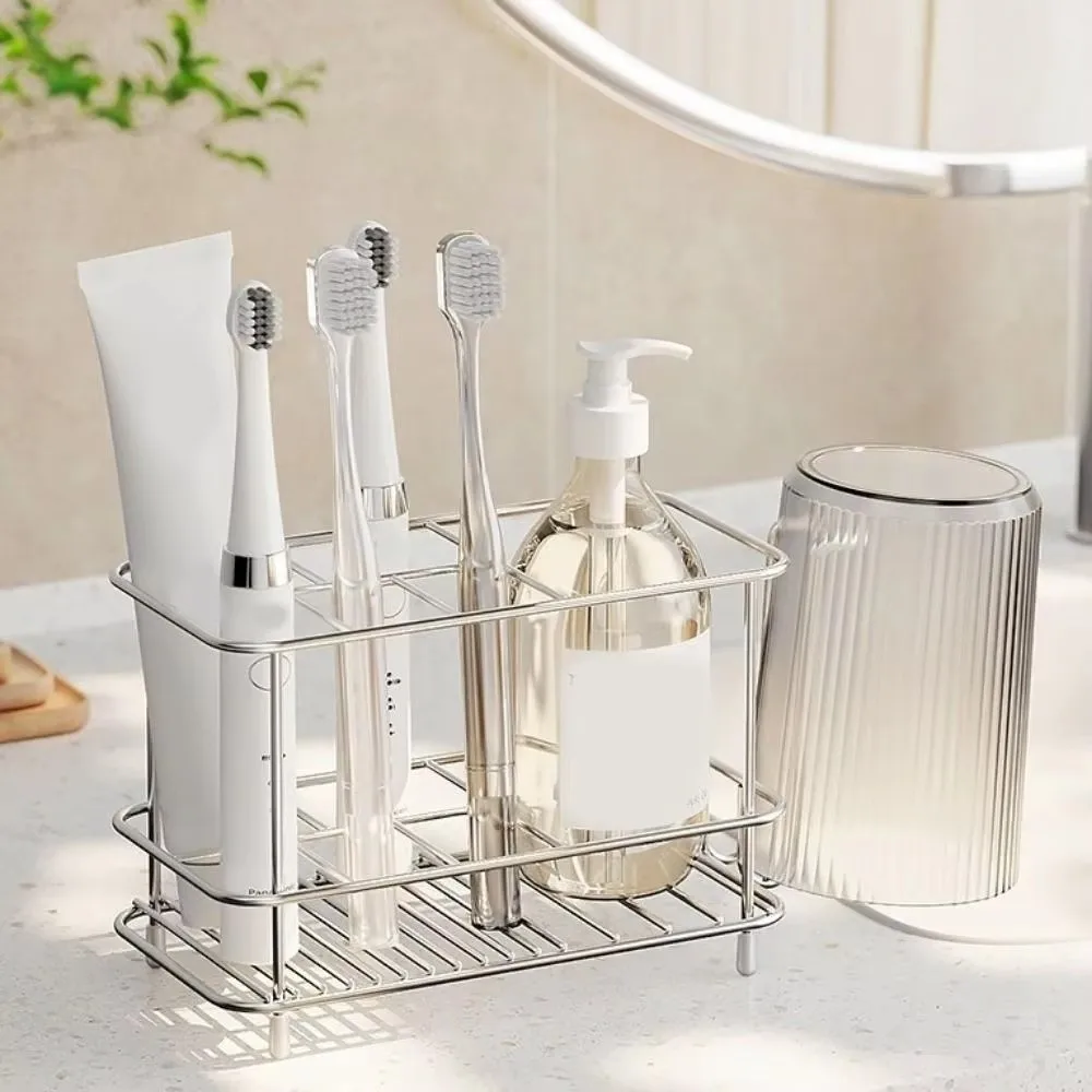 Stainless Steel Toothbrush Holder Multi-slot Multifunctional Toothpaste Holder Non-Slip Base Portable Bathroom Organizer