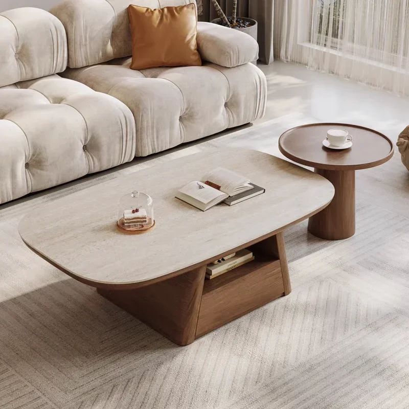 2025 new rock slab small apartment living room household antique cream style minimalist advanced feeling travertine solid wood c