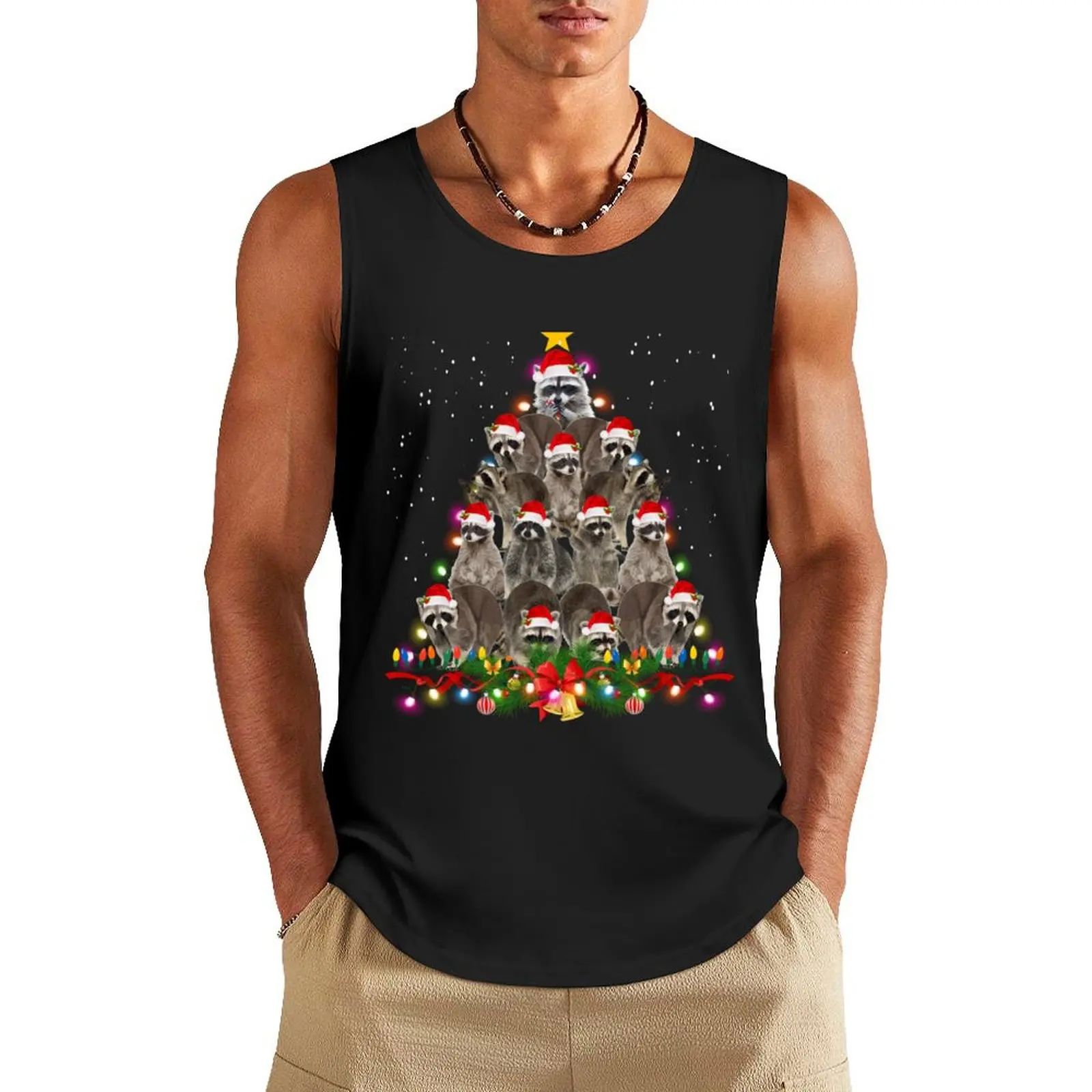 

Raccoon Christmas Tree Lights Pajama Racoon Lover Xmas Tank Top Men gym sportswear t-shirts man