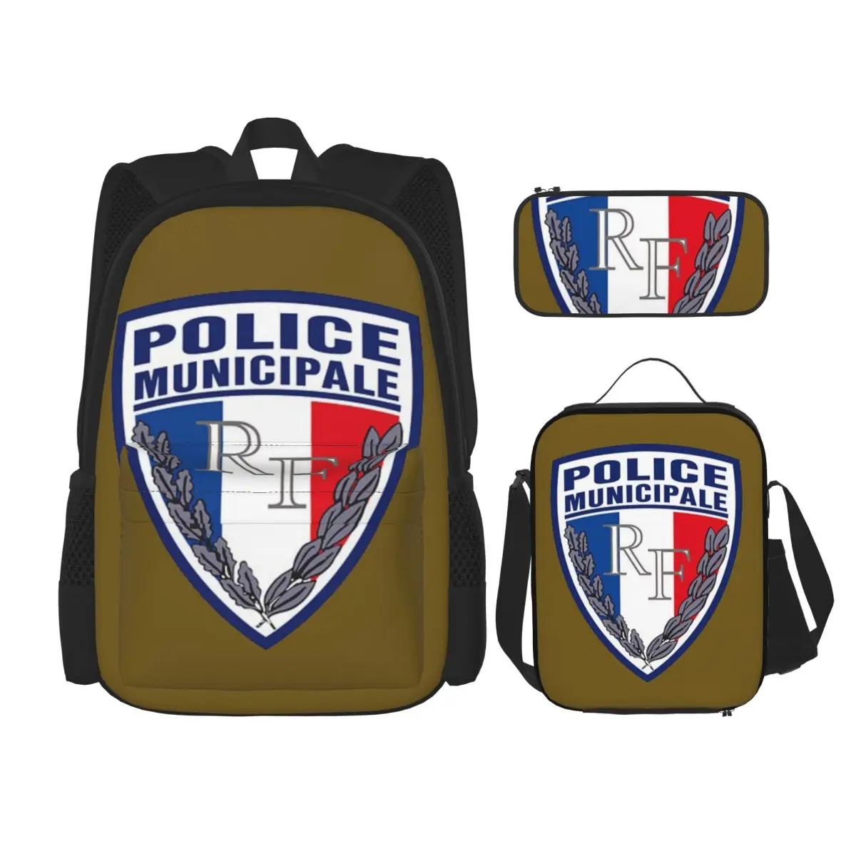 

FRENCH MUNICIPAL POLICE INSIGNIA Backpacks Boys Girls Bookbag School Bags Cartoon Kid Rucksack Lunch Bag Pen Bag Three-Piece Set