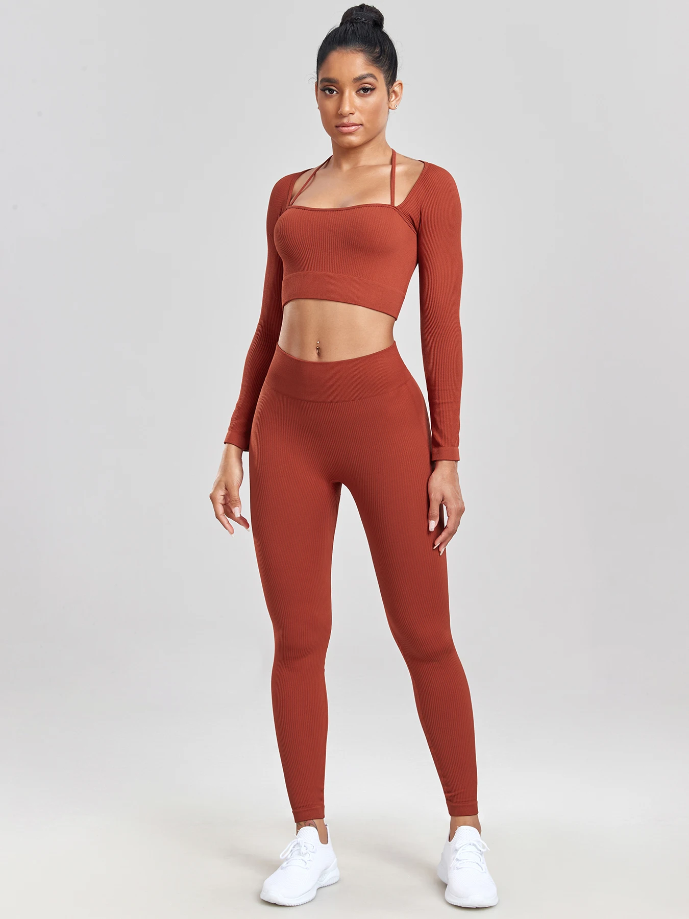 2PCS Summer Seamless Long Sleeve Gym Set Women Yoga Clothes Quick-Drying Sportswear Running Leggings Workout Sports Top