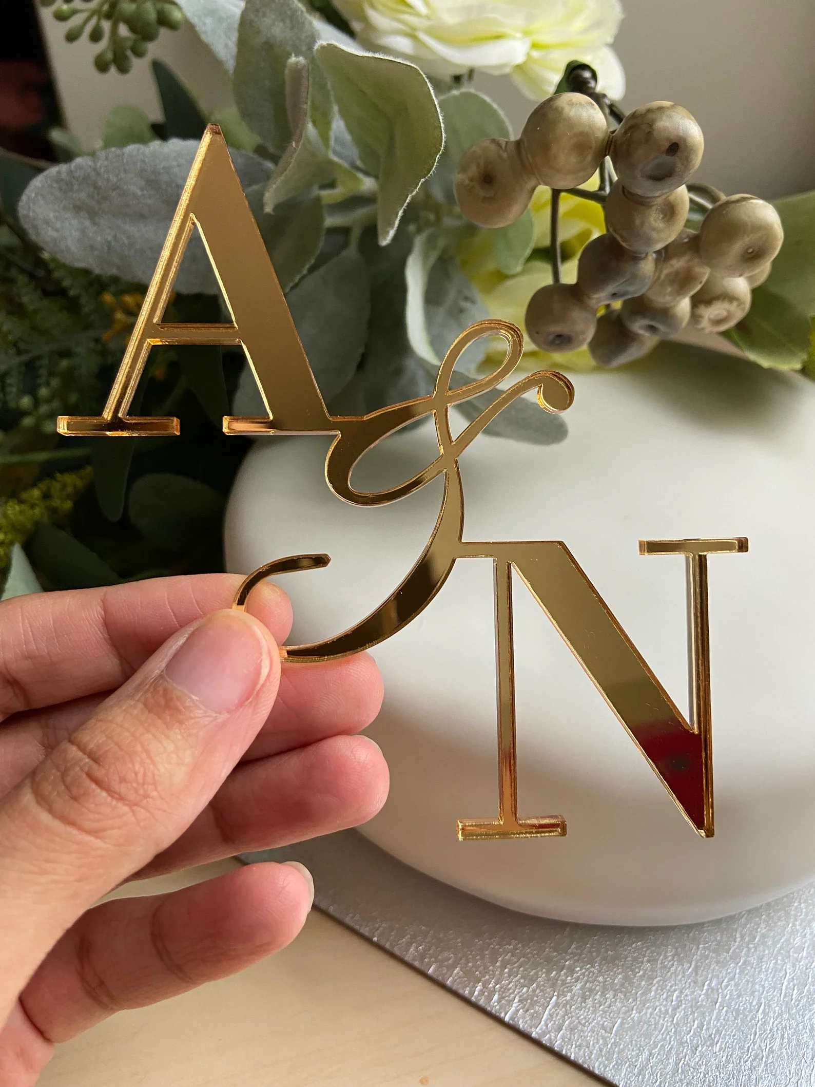 Personalised Double Initial Cake Charm Topper - Acrylic Mirror Gold- Personalized Initials Wedding Cake Topper