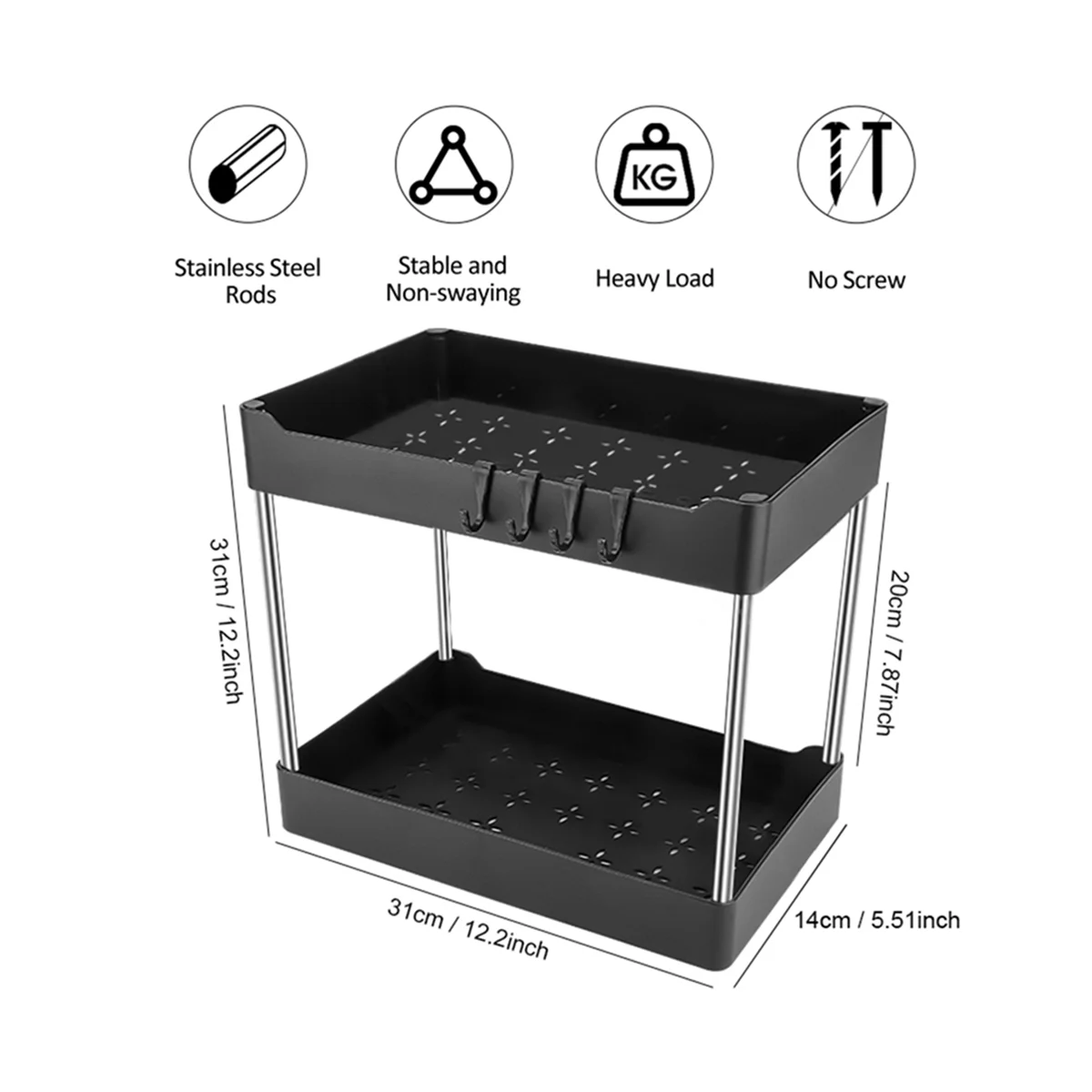 Multiuso armazenamento Rack gaveta, armário de cozinha, banheiro prateleiras, 2 Tiers, 2pcs