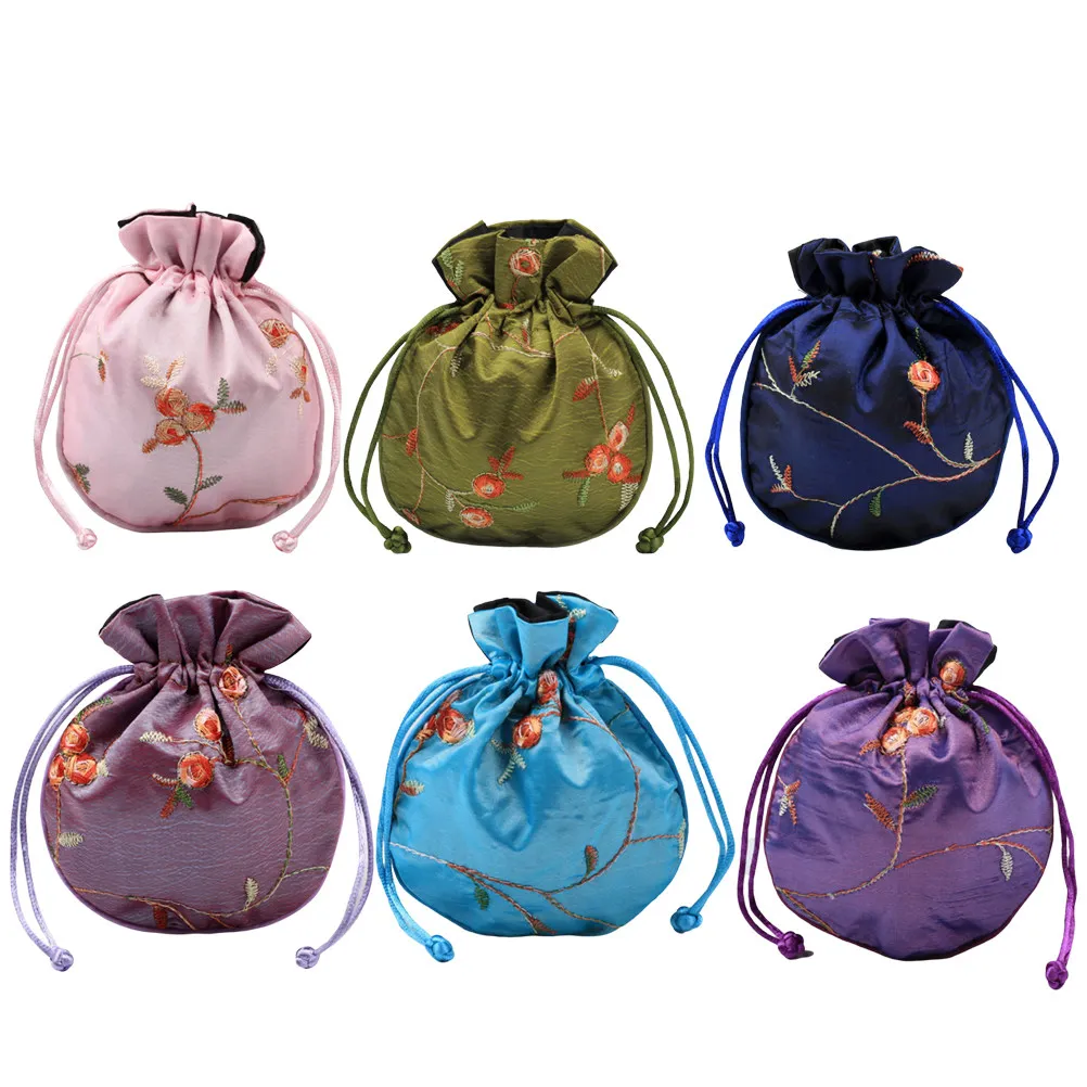 

6Pcs Vintage Embroidery Jewelry Storage Pouch Chinese Style Drawstring Mini Bag for Wedding Gifts Crafts Stones Sachets